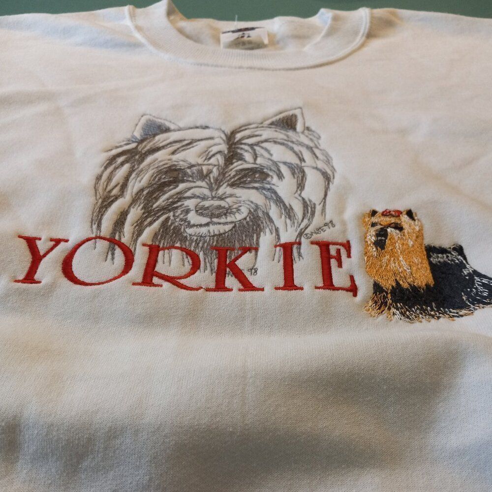 Yorkie White XL Women's Sweatshirt Stitched Yorkie Graphic Cottagecore